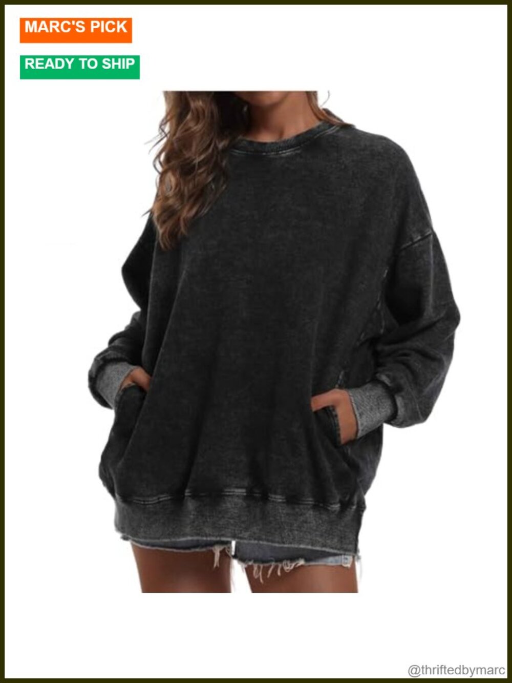 Oversized Vintage Acid Wash Sweatshirt for Women, Cotton Blend Crew Neck Long